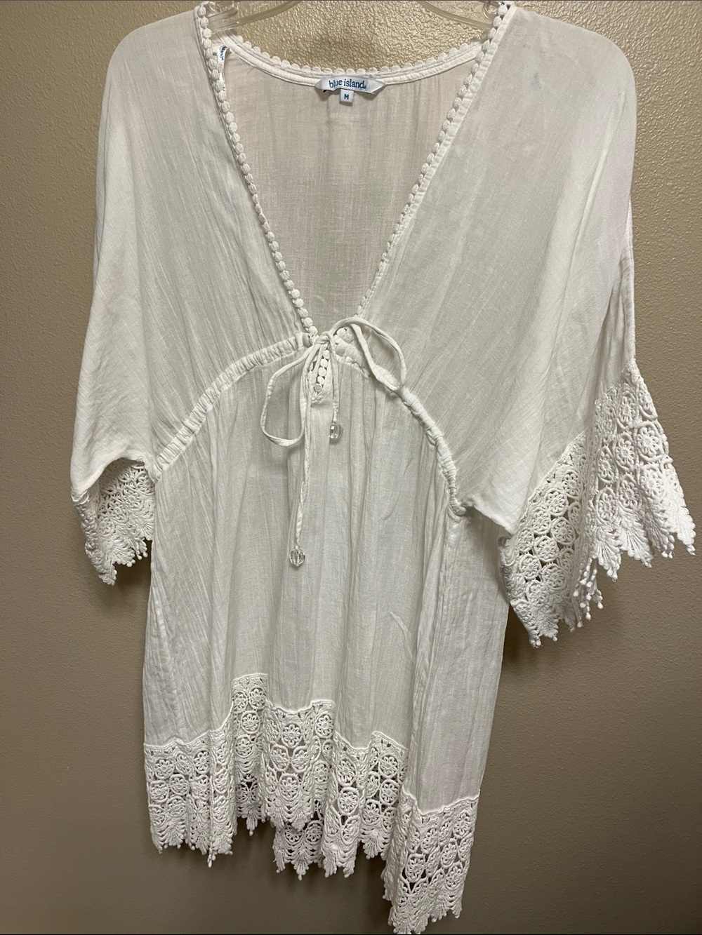 Blue Island White Crochet-Trim V-Neck Tunic Swim Cover-up